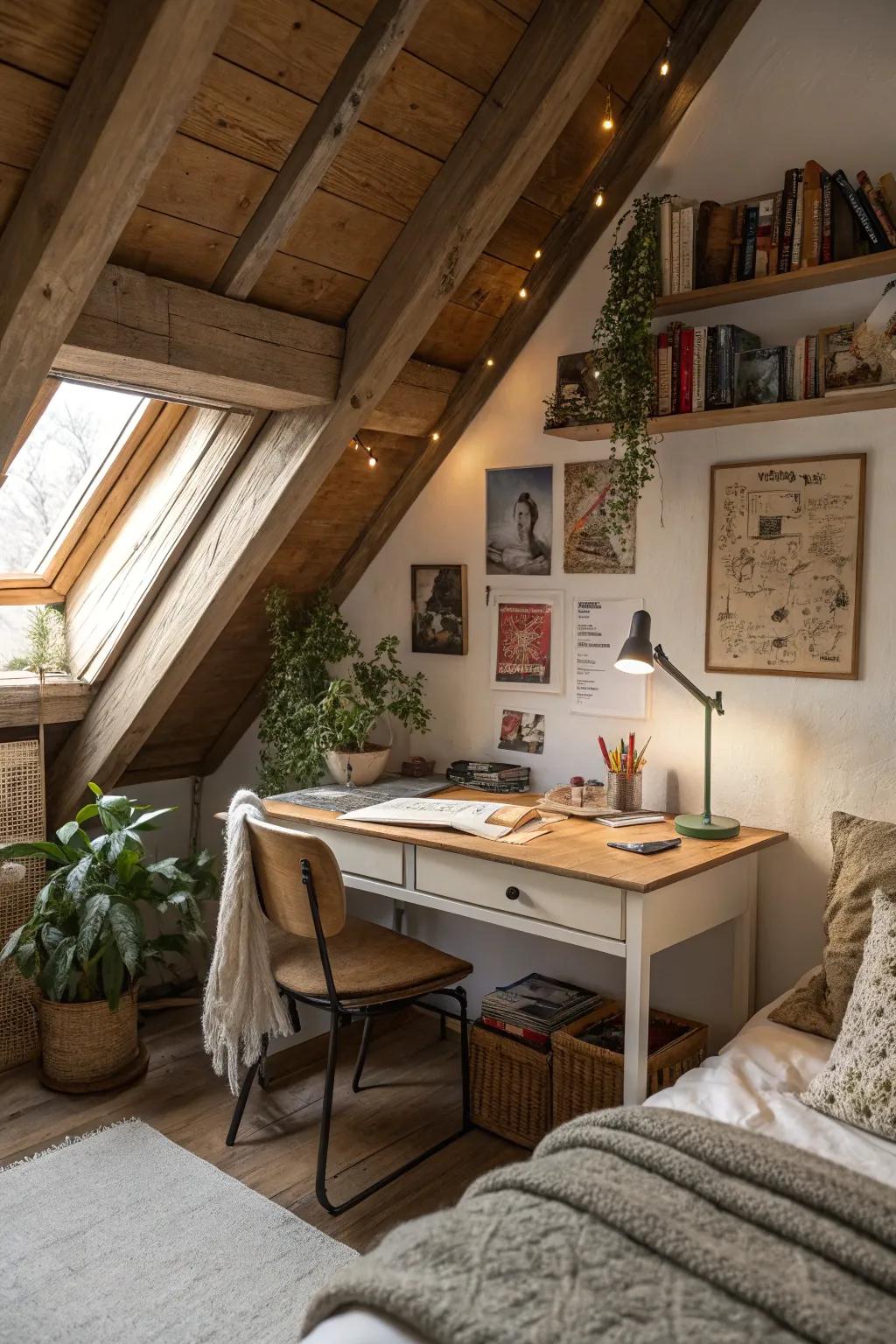 In this attic bedroom, a desk placed beneath the eaves makes for a practical workstation.