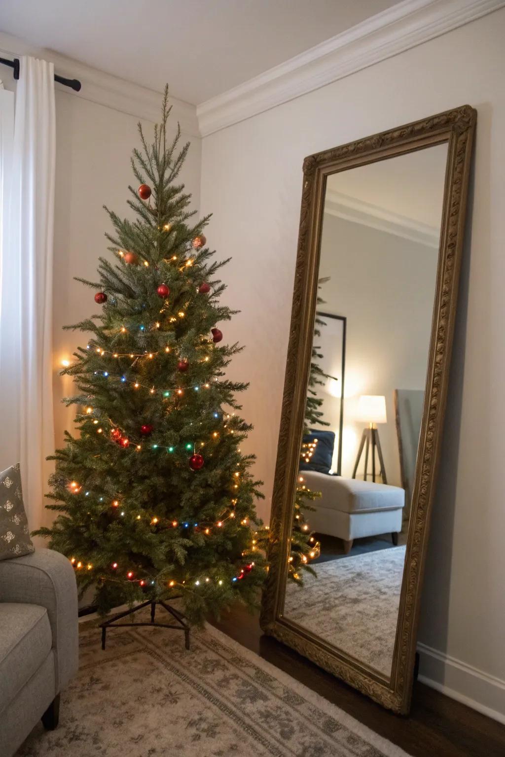 A glimmer panel doubles the tree's light for a brighter room.