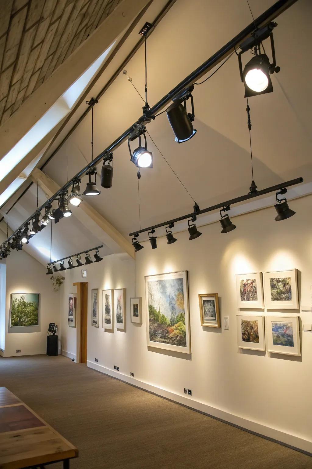 Spotlights focalize upon art pieces and architectural features.