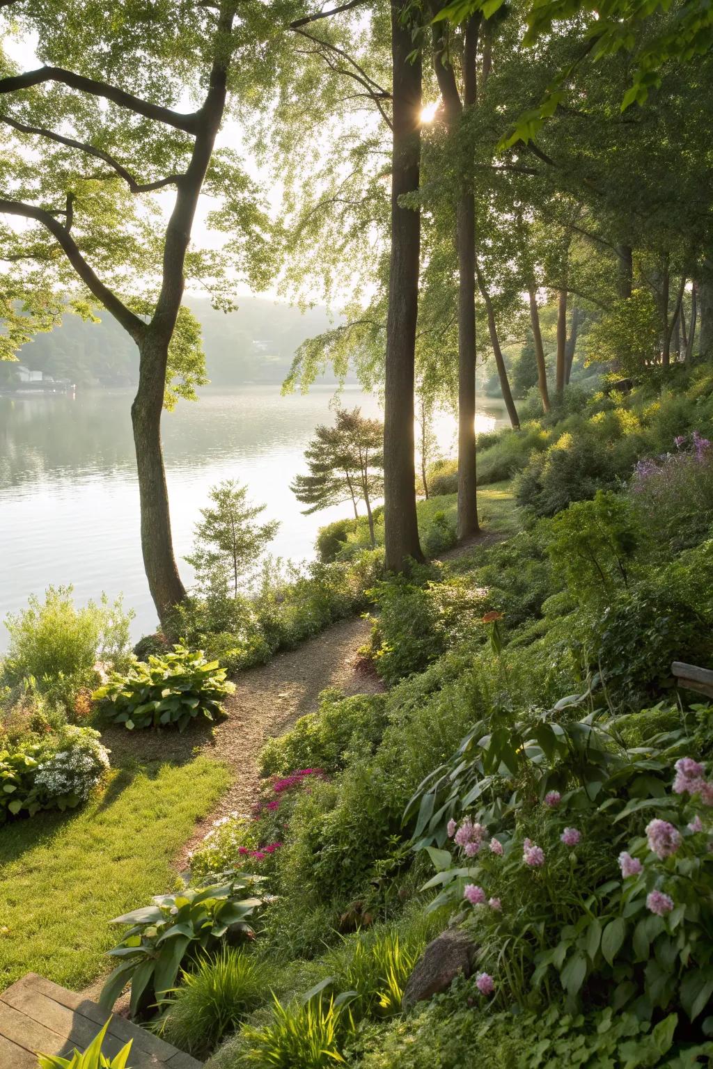 A peaceful shadow garden providing cool comfort by the lake.