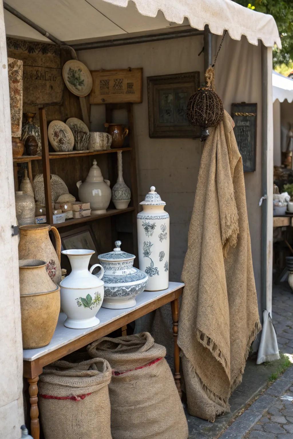 Mix of ceramics and burlap creating visual interest