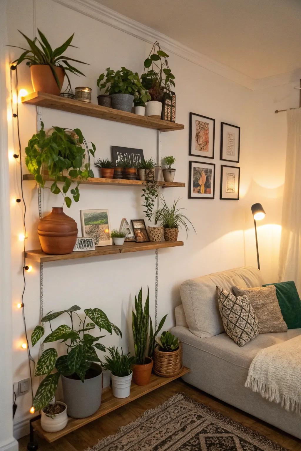 Shelves that hang create space to show off items without cluttering the floor.