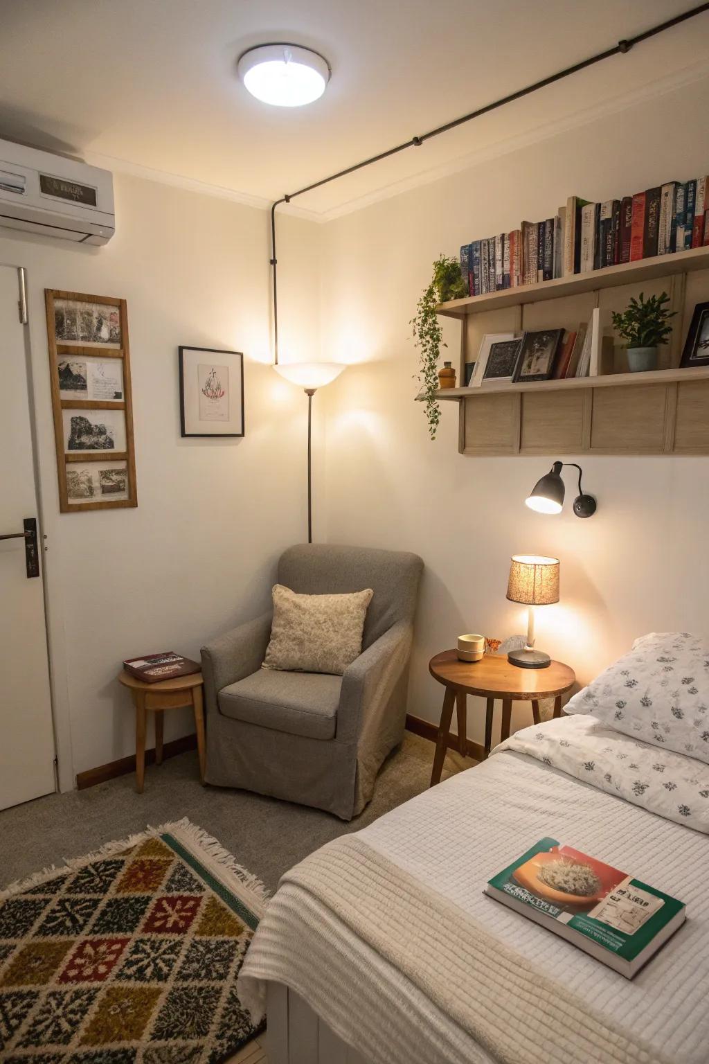 Wall-attached lighting saves space and enhances usefulness.