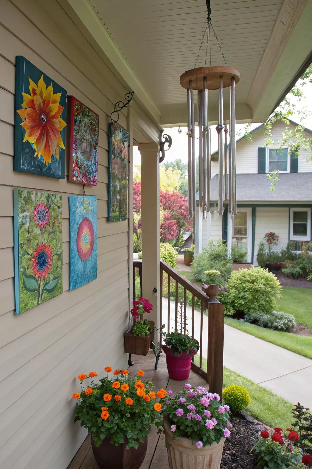 Outdoor art and wind chimes append a creative flair to a modest porch.
