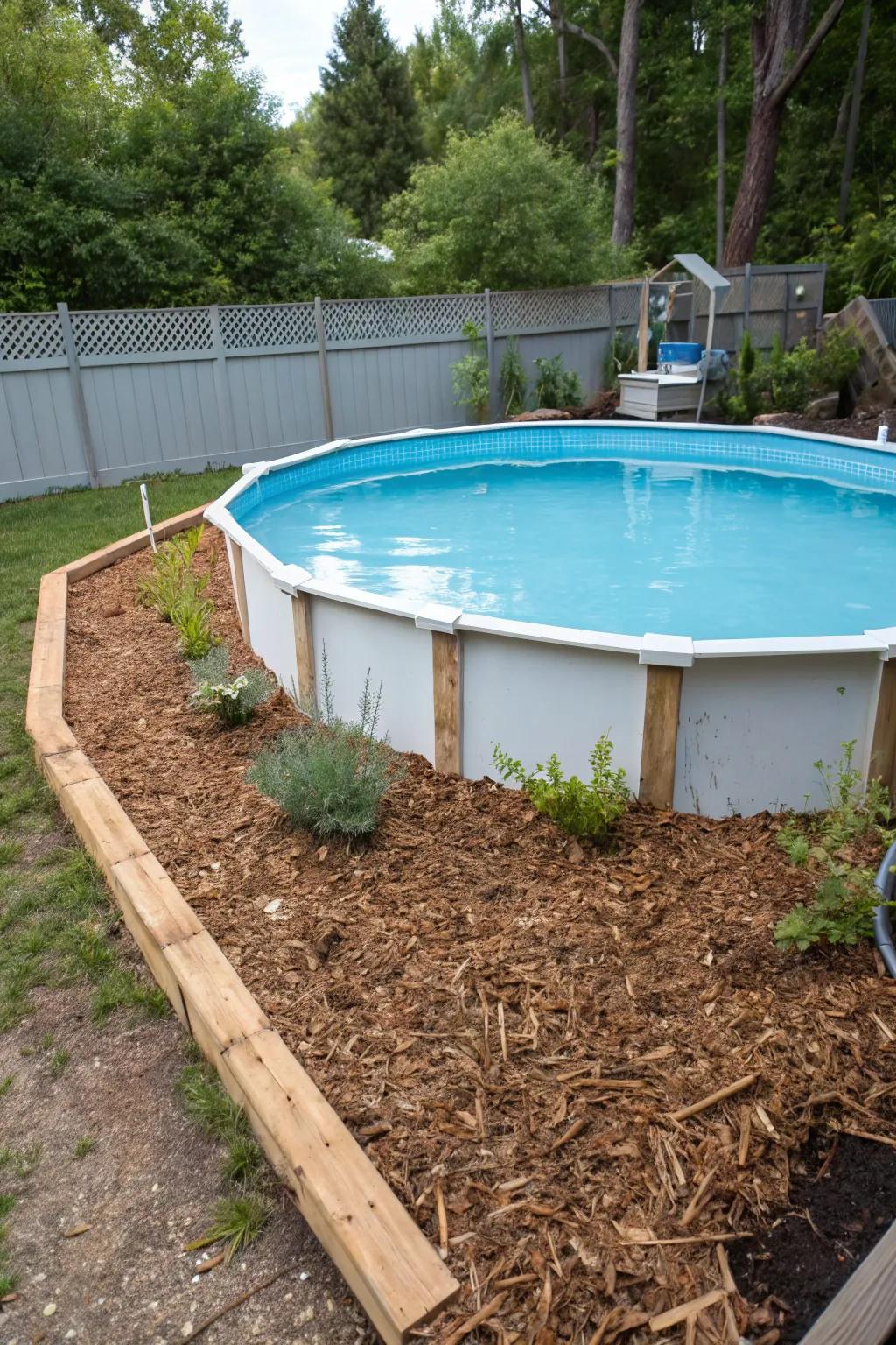 Natural ground cover providing a practical and attractive ground cover around an above-ground pool.