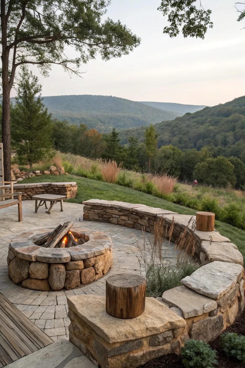 Natural stone and timber craft a fire pit zone that feels part of the landscape.