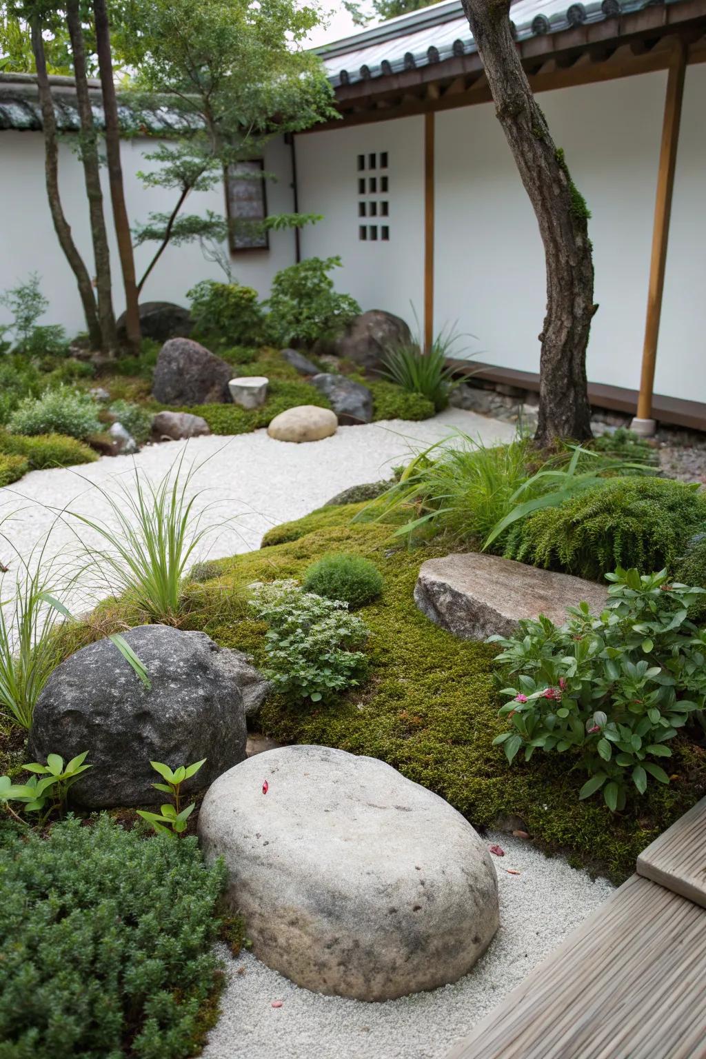 A zen garden presents an off-kilter arrangement of stones and plants for vibrant harmony.
