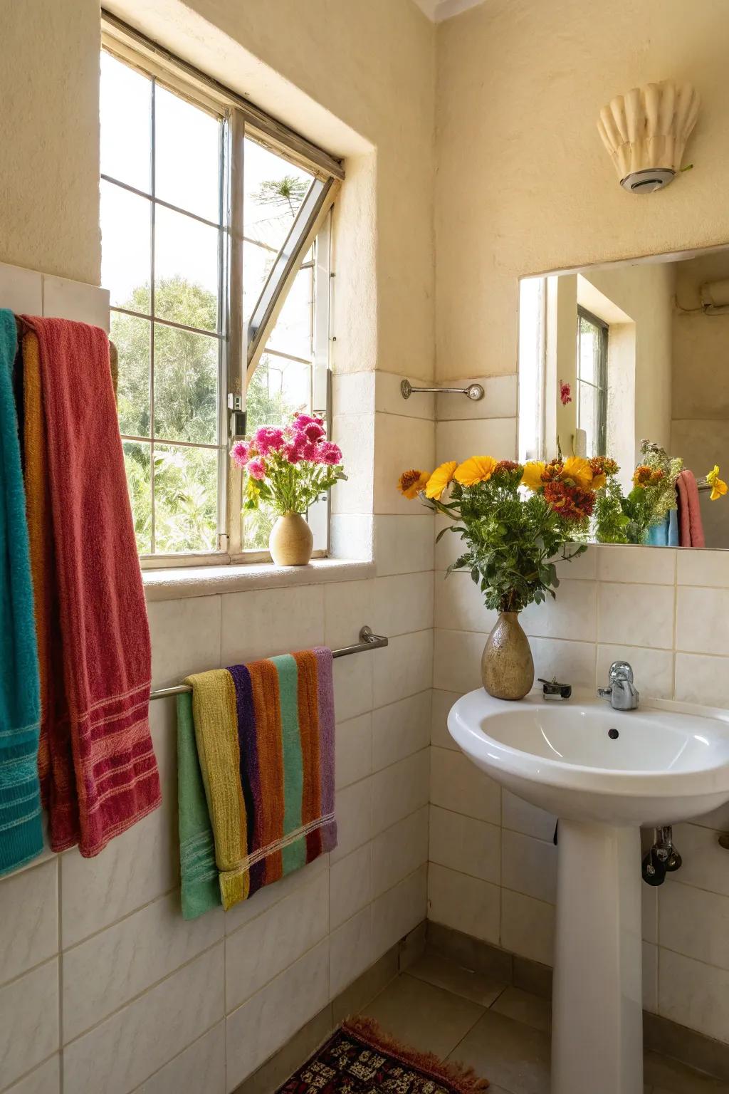 A cream bathroom enlivened with colorful accents.