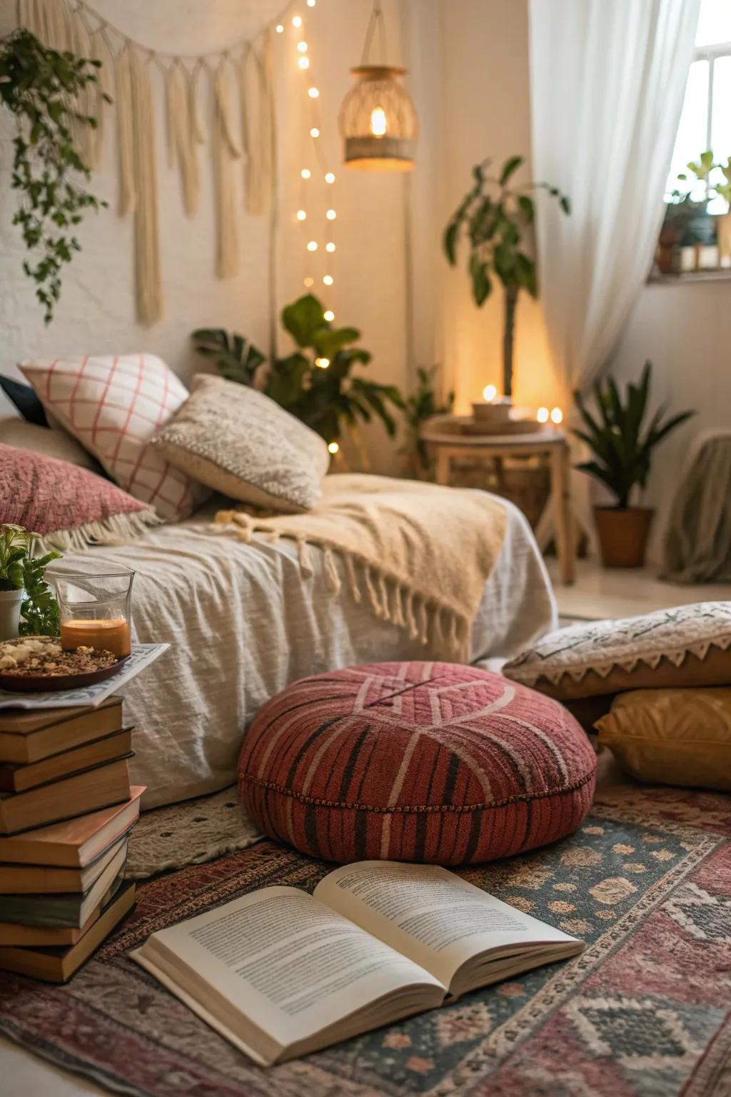 A cozy reading spot introduces a charming retreat in this boho bedroom