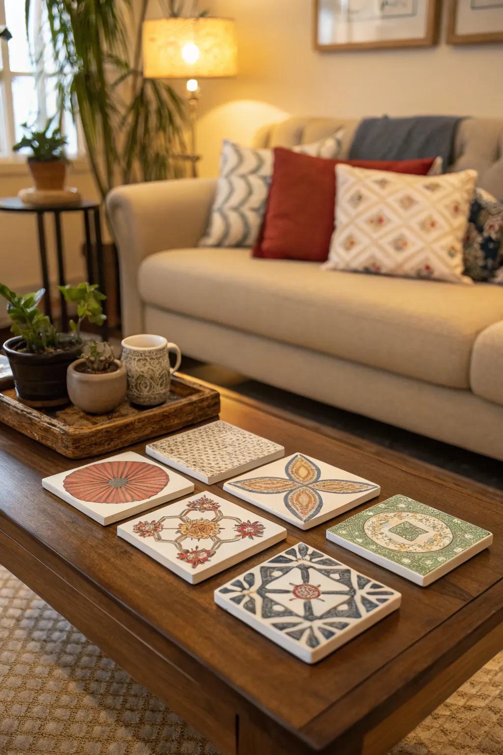 Decorative coasters bringing a stylish touch to the table.