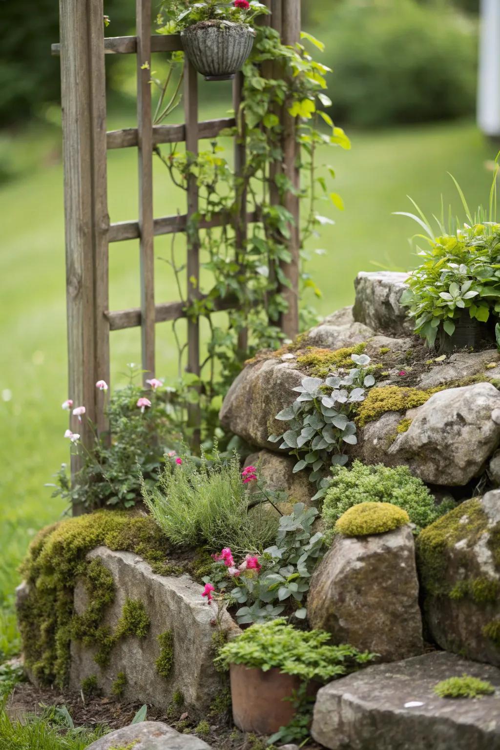 Vertical greenery enhancing this corner rock garden.