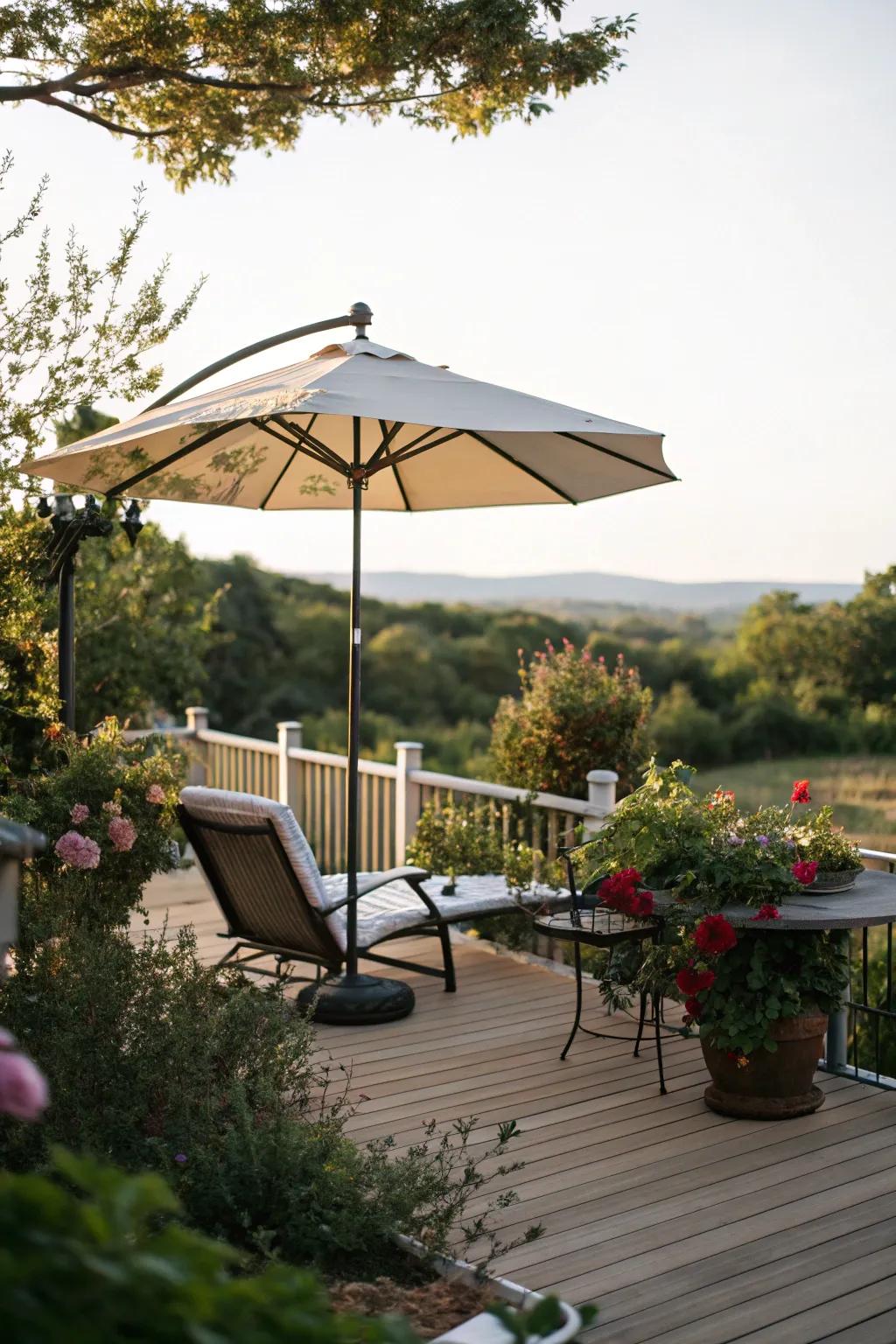 A canopy providing adjustable shade on a compact deck.