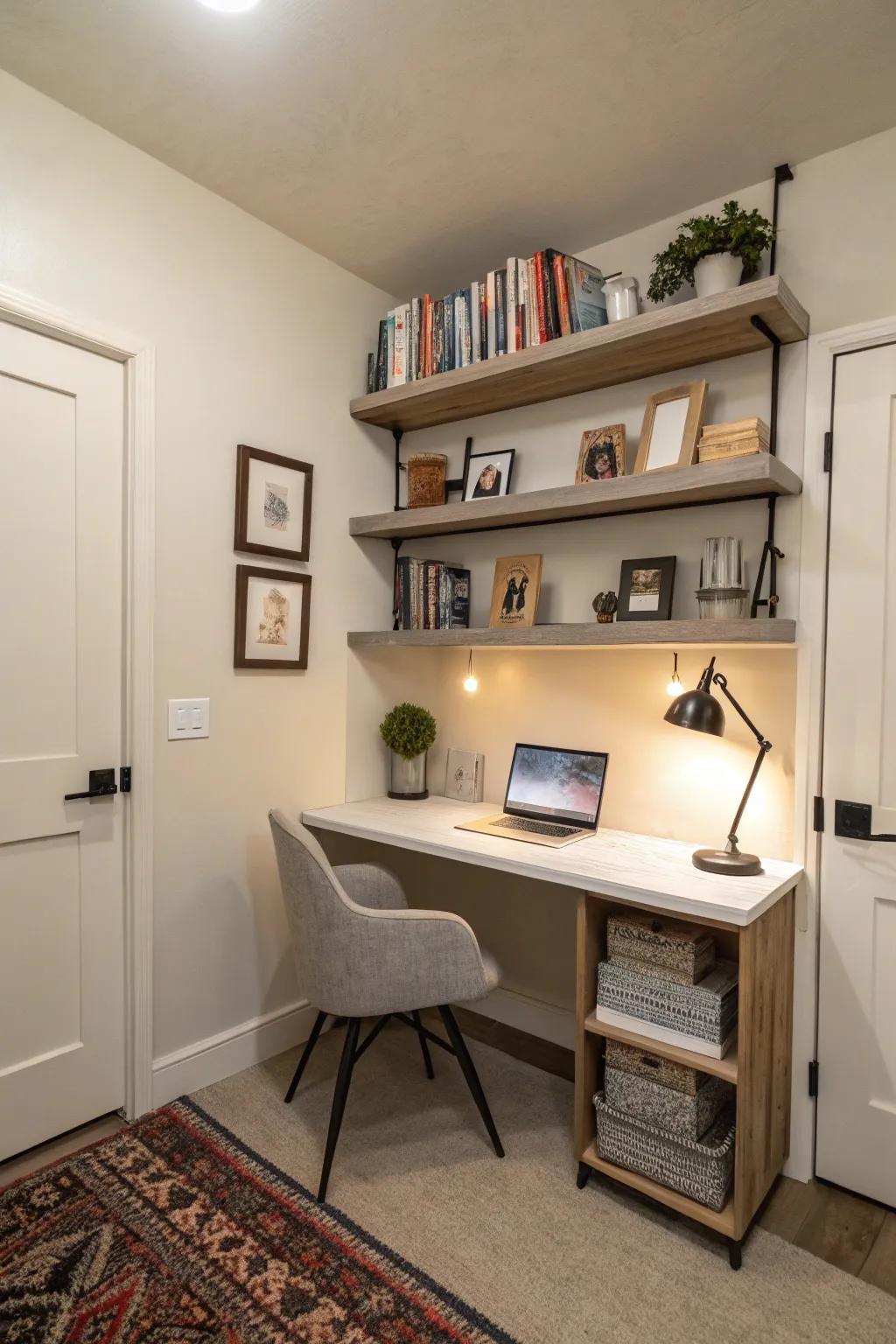 Floating furnishings free up floor area in a den.
