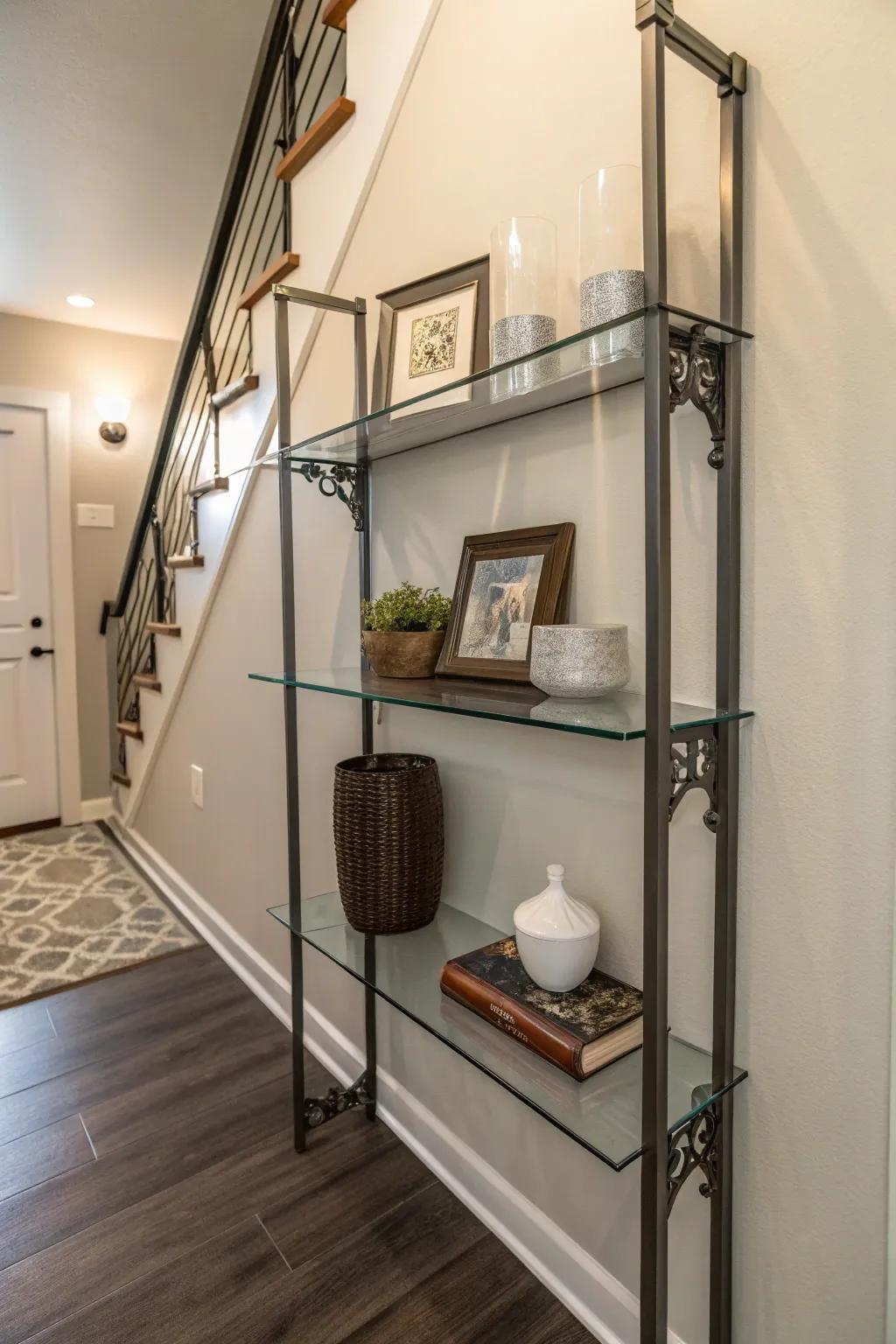A glass and metal shelf adding a modern touch to small spaces.