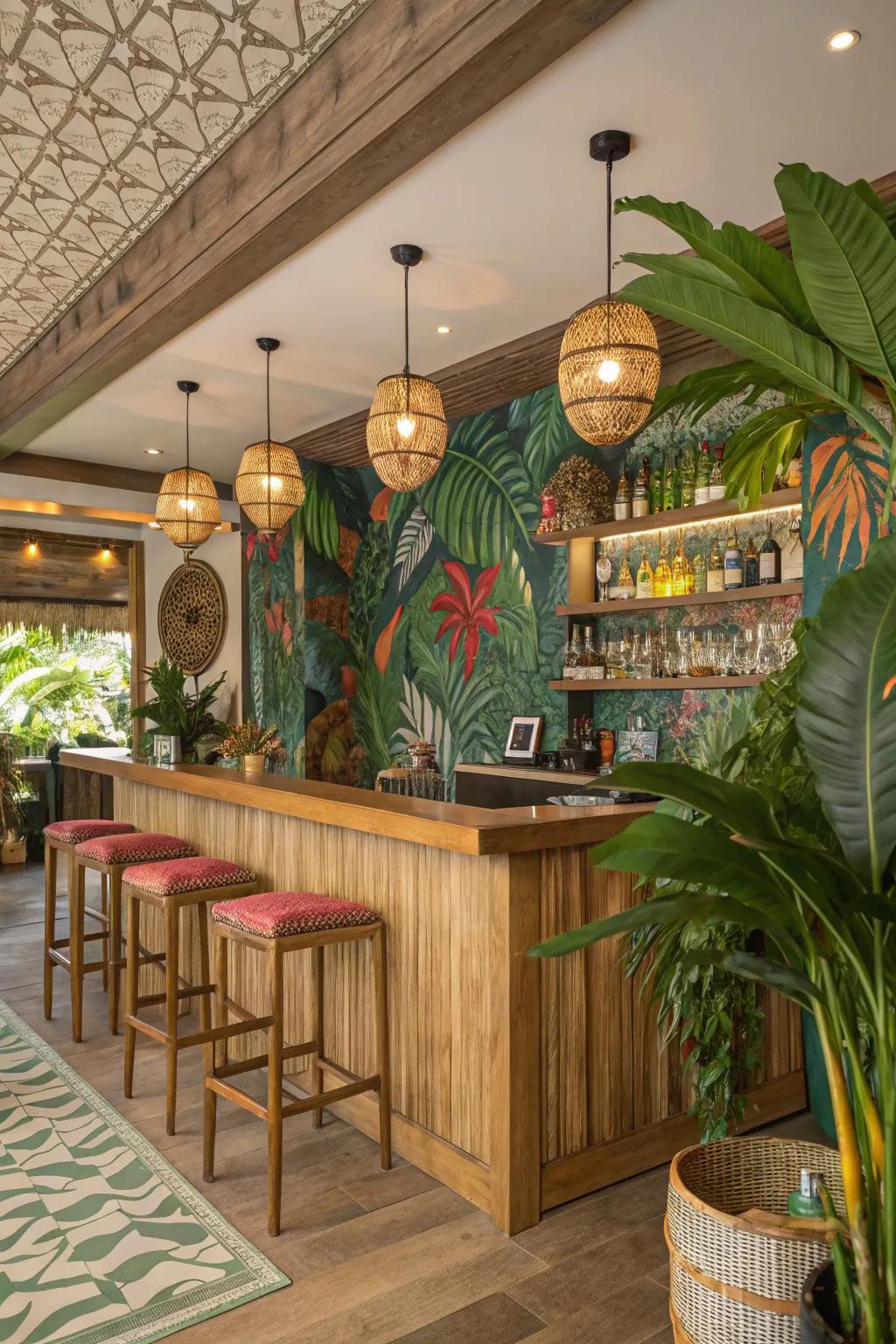 Tropical feelings bring a sense of calm and escape to your home bar.