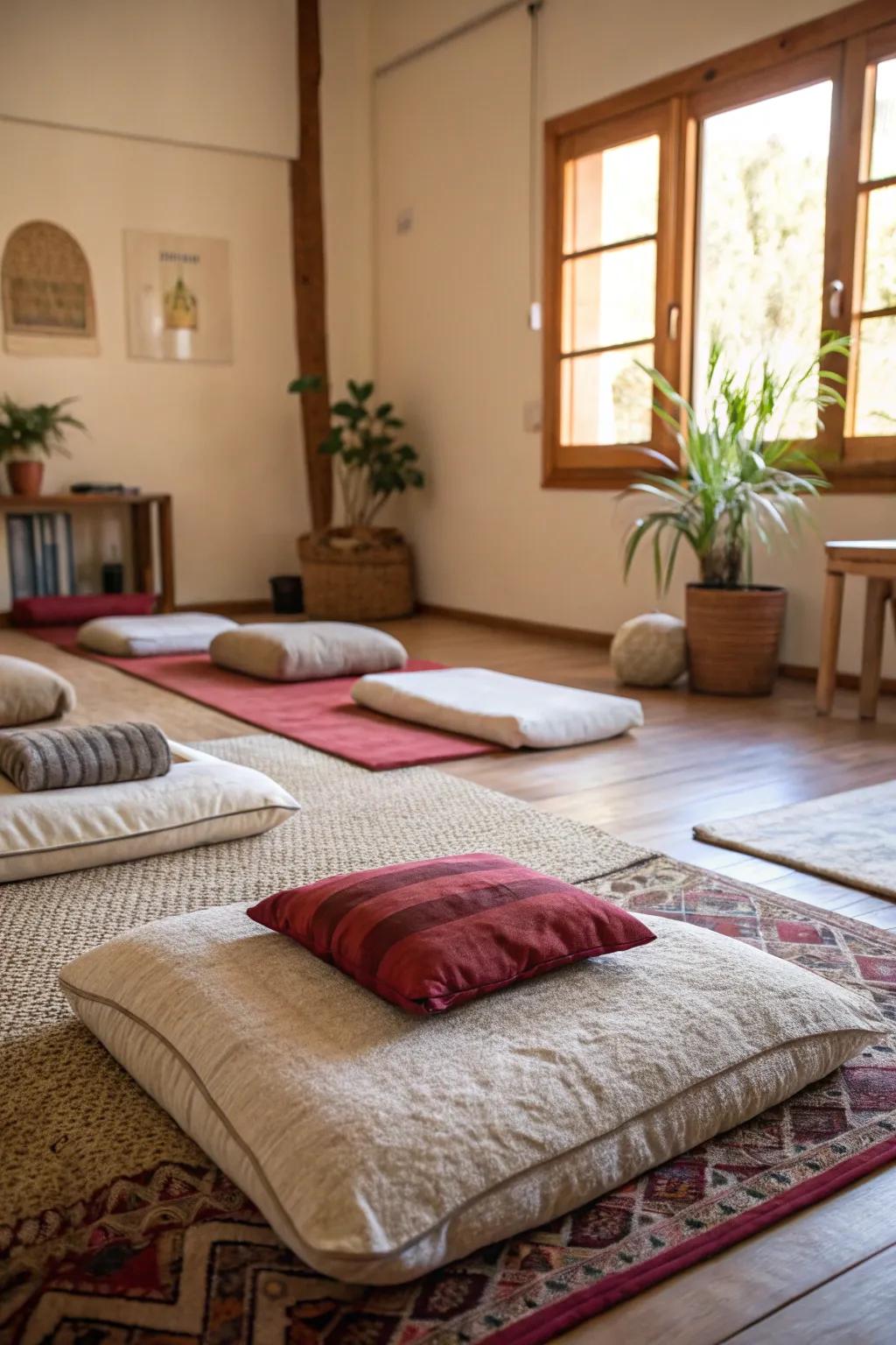 Soft fabrics enhance comfort in a yoga room.