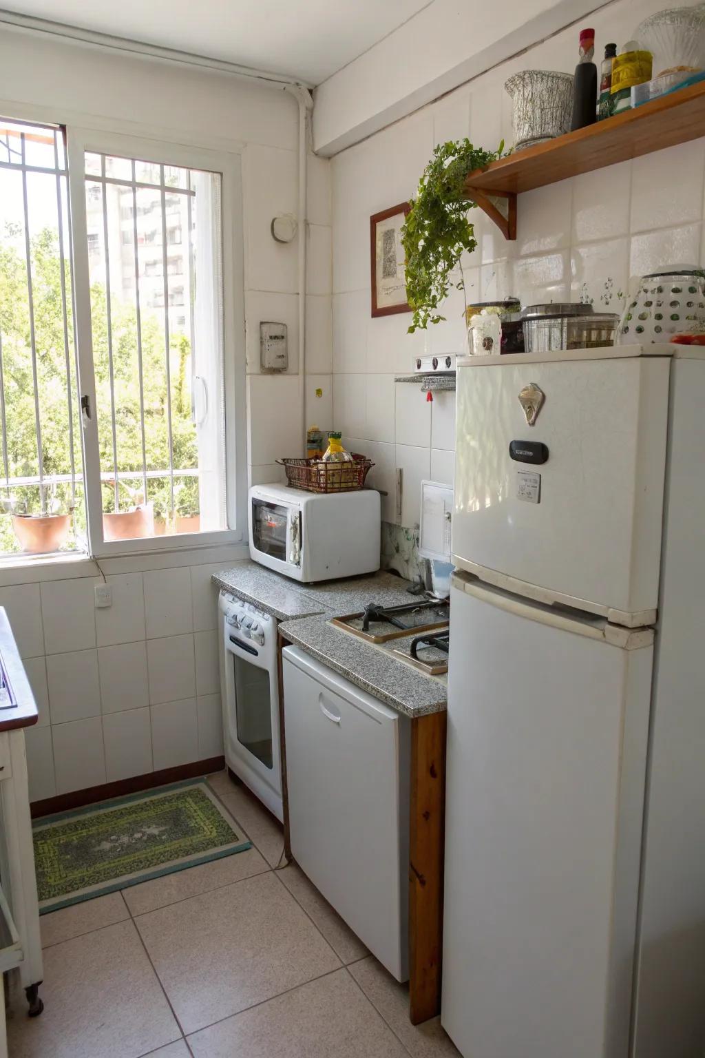 Miniature appliances maximize expanse throughout this streamlined kitchen.
