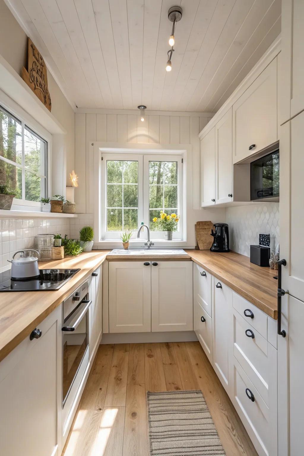 Light timber finishes brighten a petite kitchen.