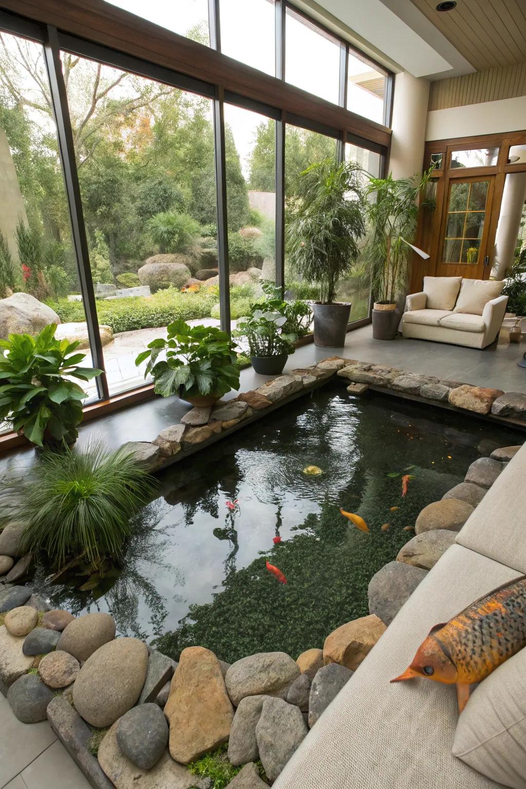 An indoor water garden brings nature's beauty inside the home.