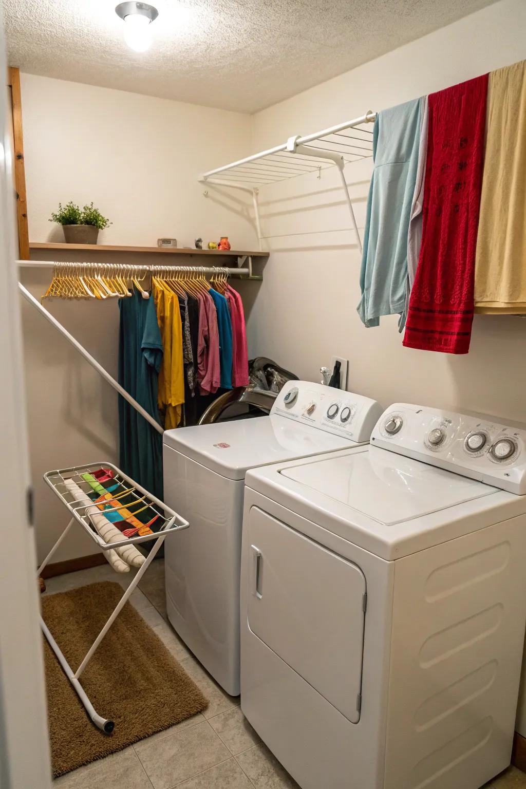 Make good use of height with a drying rack right over the washer.