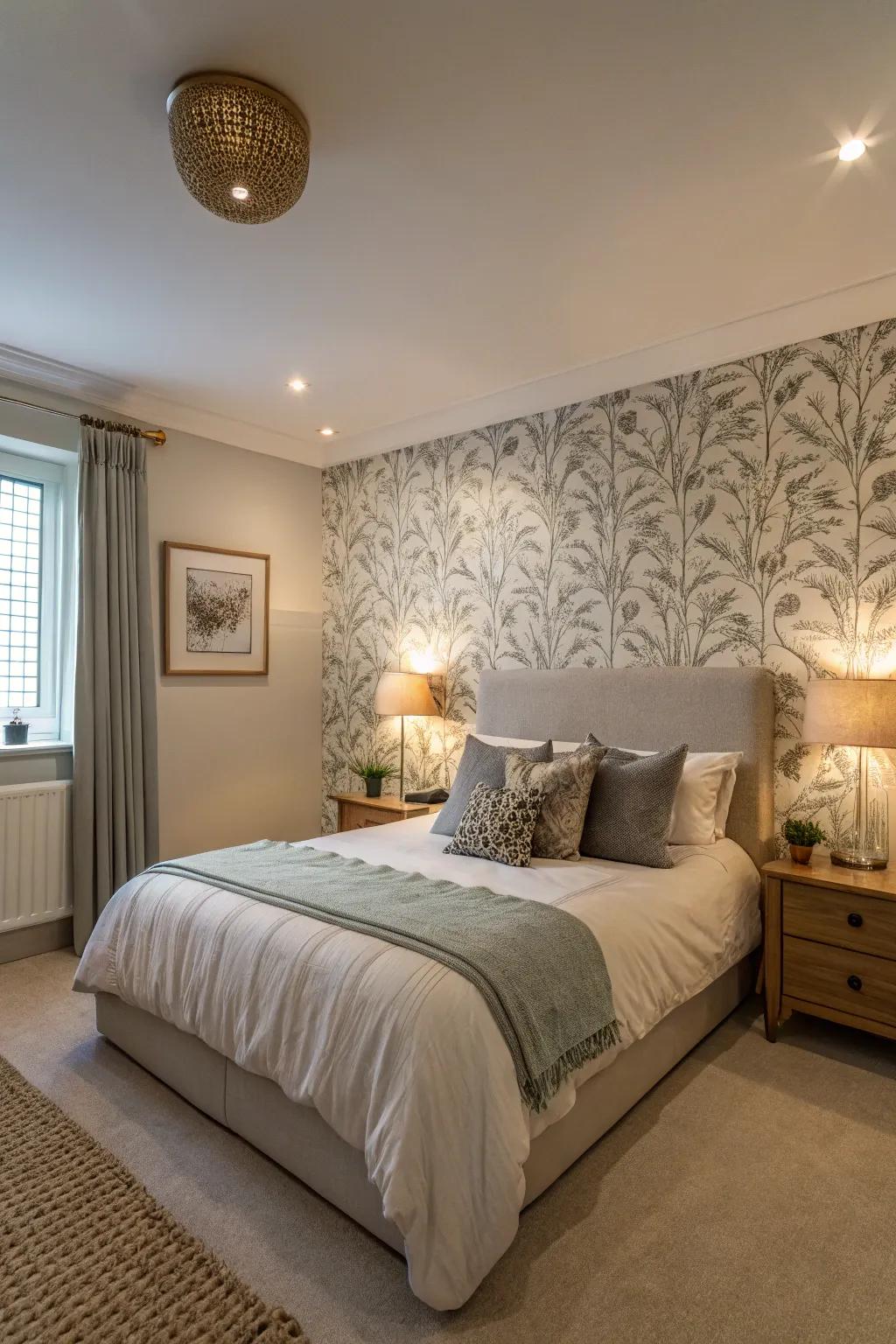 An emphasized wall space infuses depth into a compact primary bedroom.