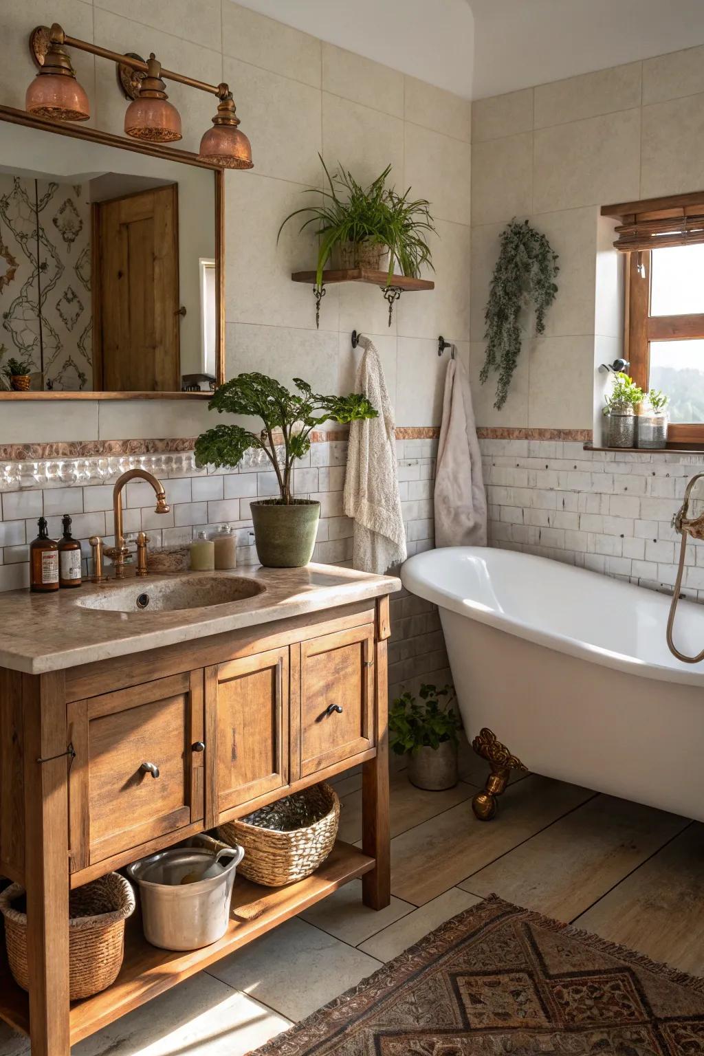Copper touches add a lavish twist to homespun bathrooms.