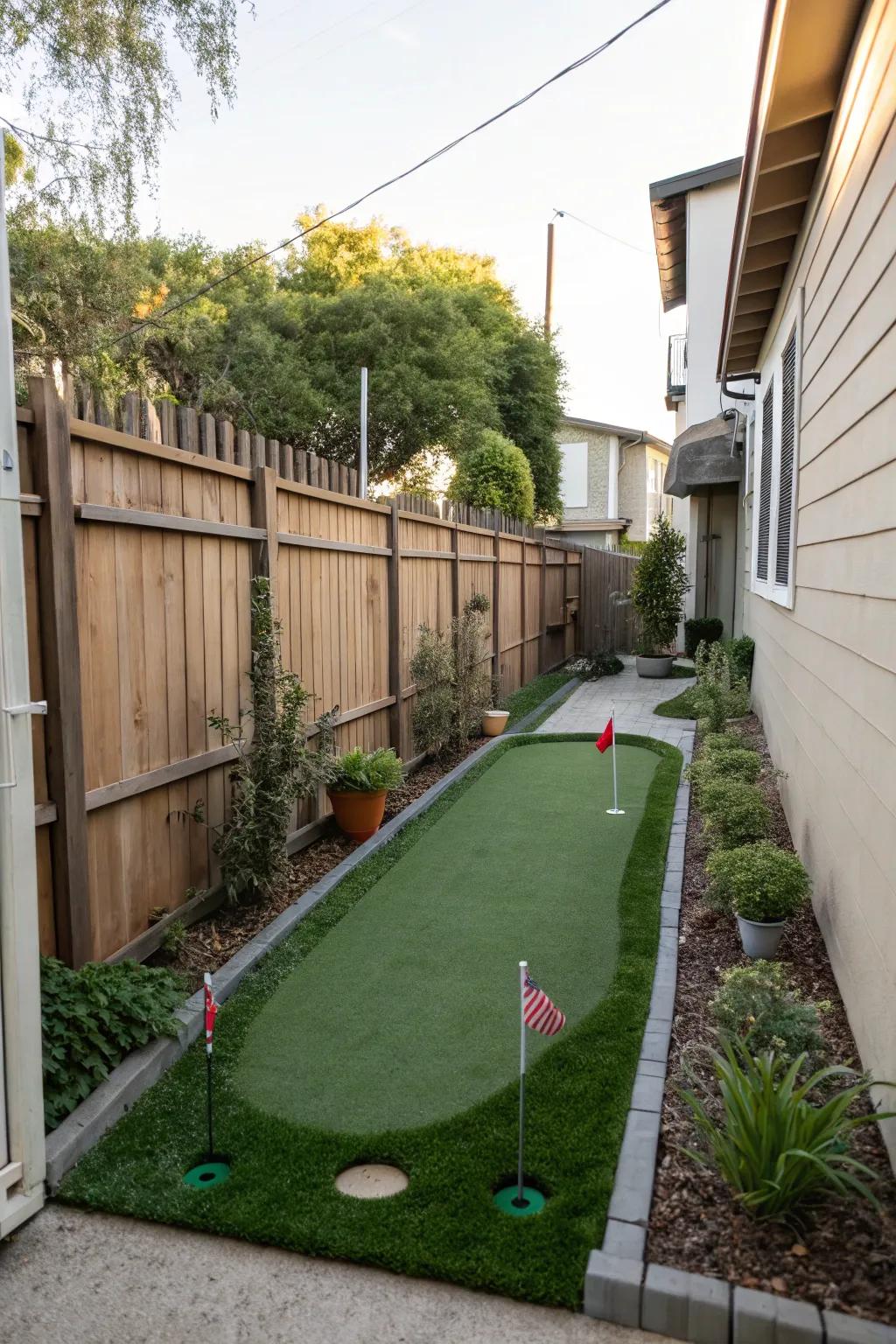 A miniature putting green adds fun and functionality to slim side yards.