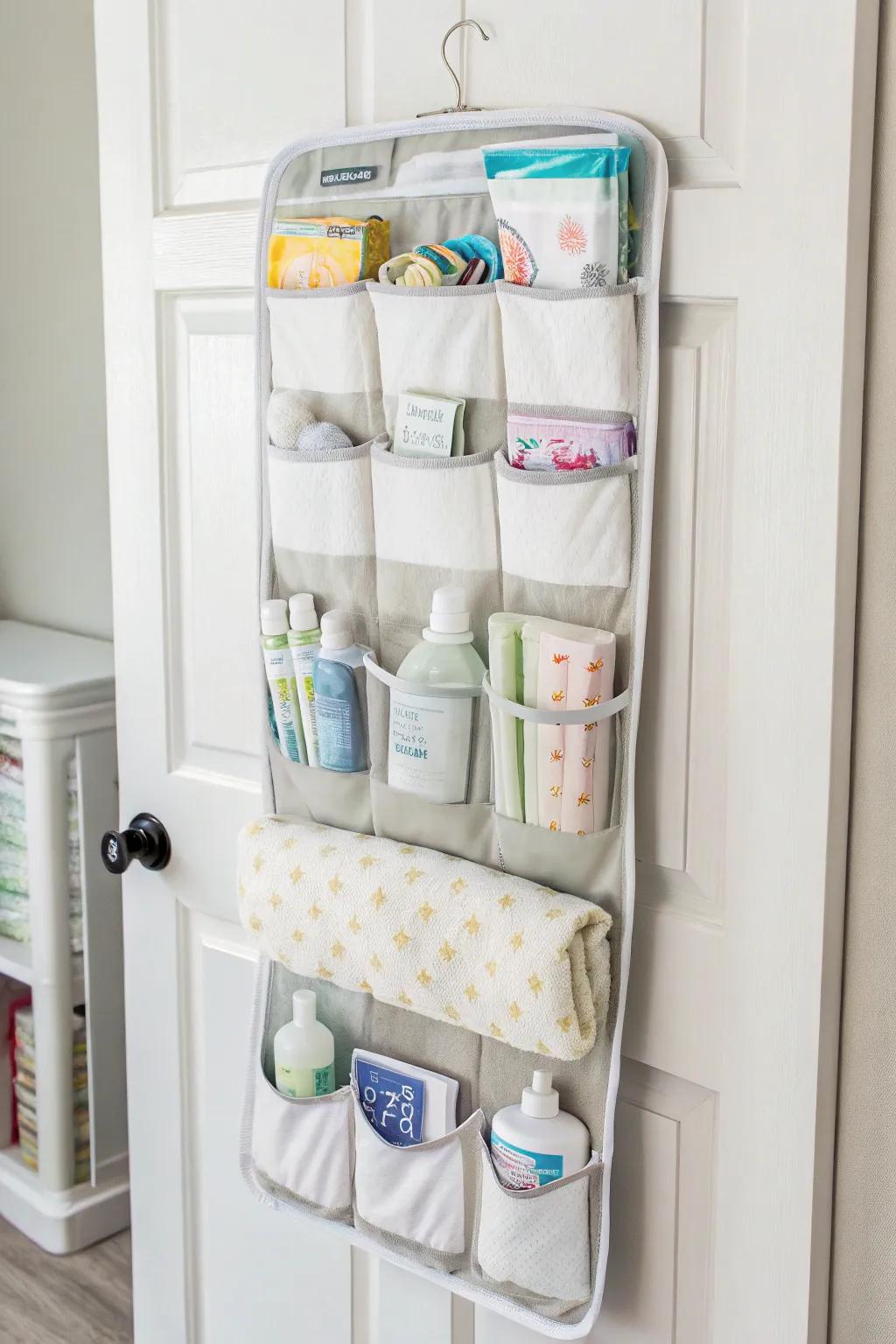 Over-the-door organizers maximize storage area efficiently.