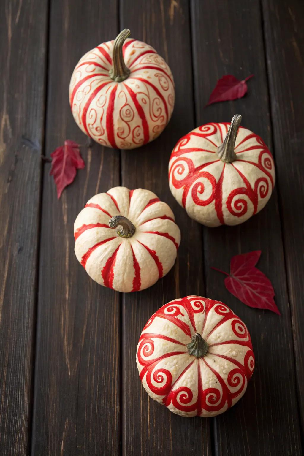 Pumpkins with crimson swirls deliver a daring, dramatic expression.