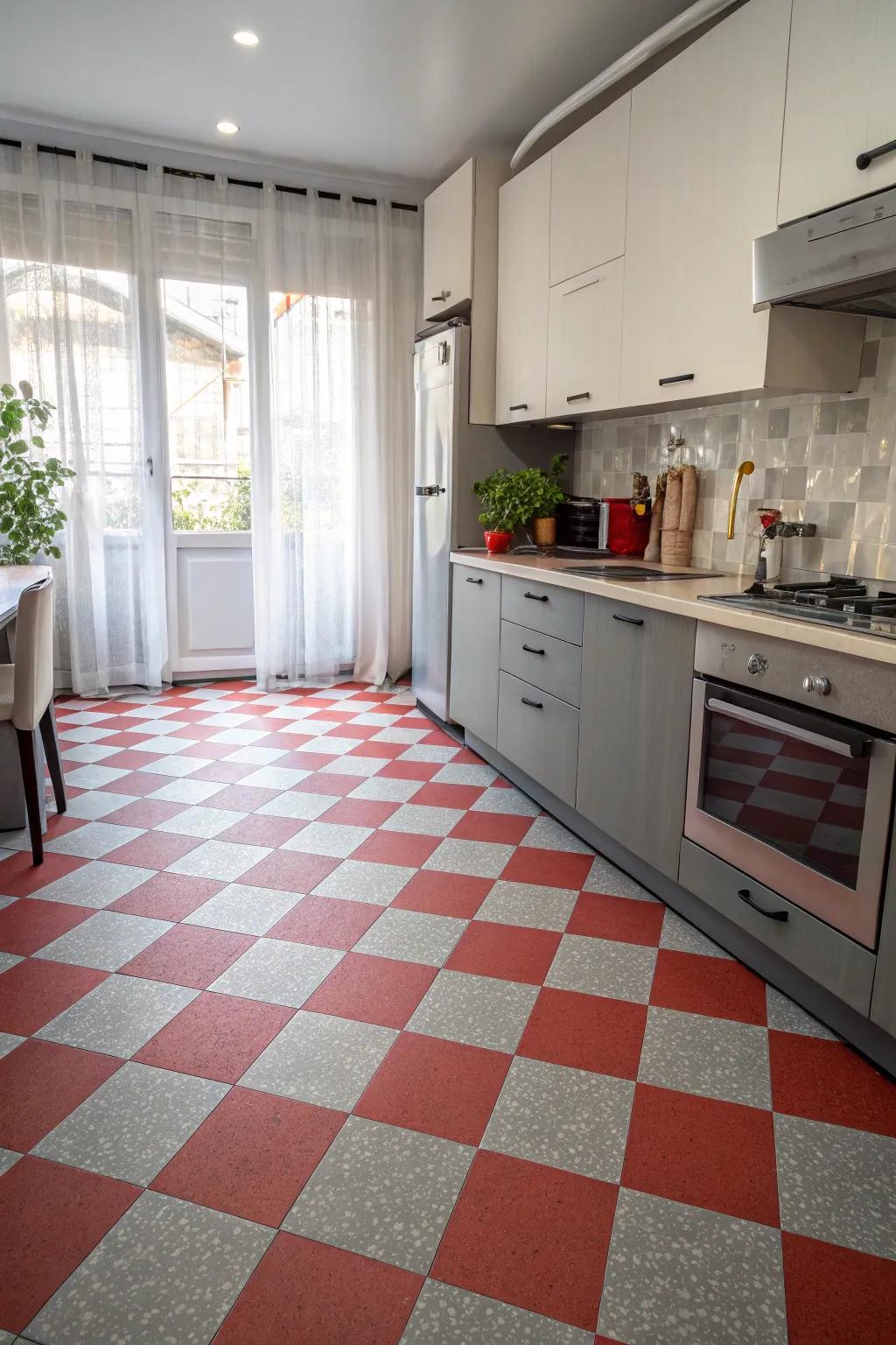 Retro-inspired gray and crimson checkered flooring adding playfulness.