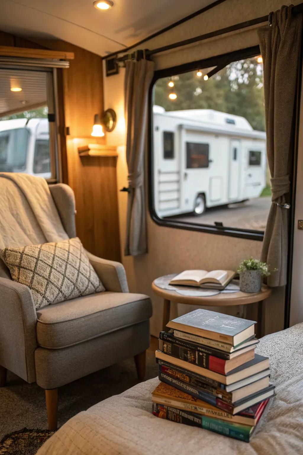 A reading nook offers a cozy sanctuary within your RV bedroom.