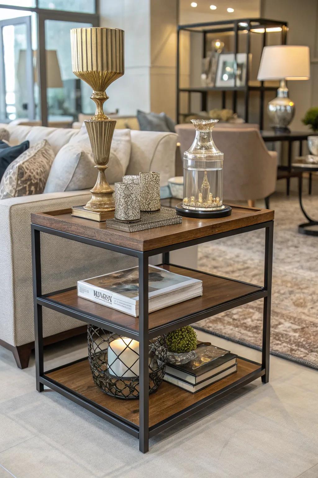 Mixed materials add texture and intrigue to an accent table.