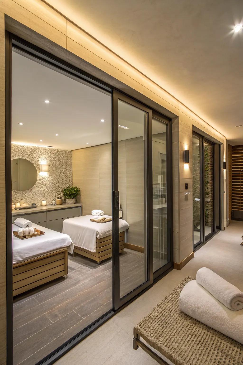 Location-saving moving doors within a spa area
