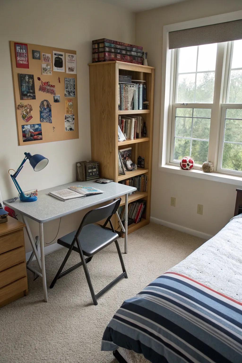 Foldable furniture pieces add flexibility and save space.