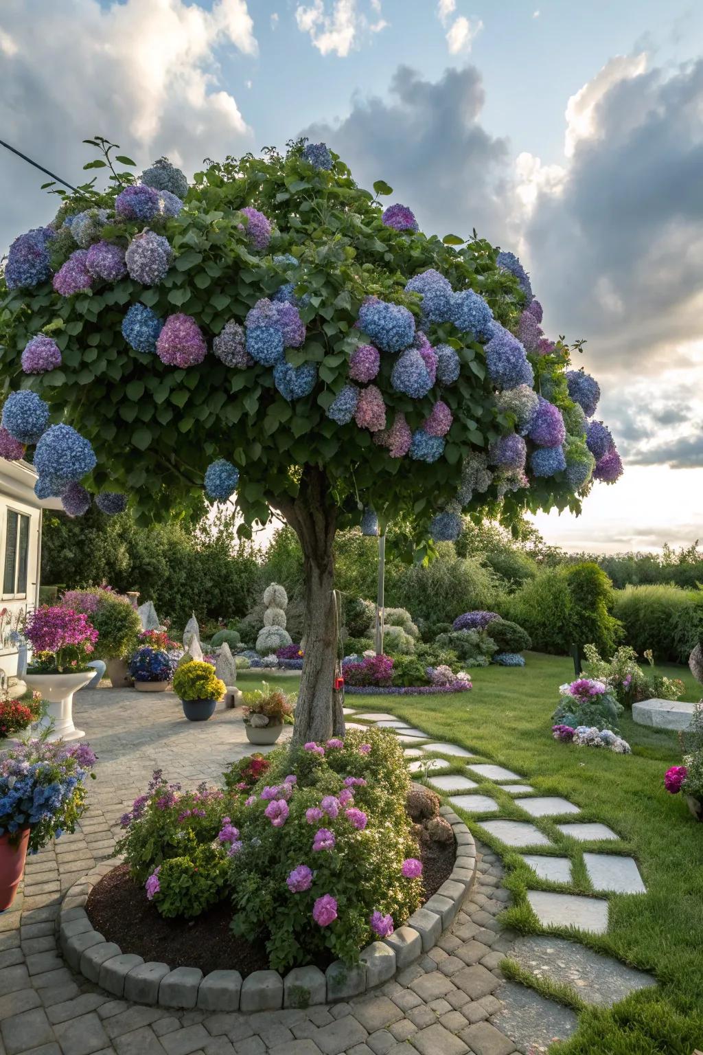 Drooping snowbell tree delivering a whimsical touch with its blossoms.