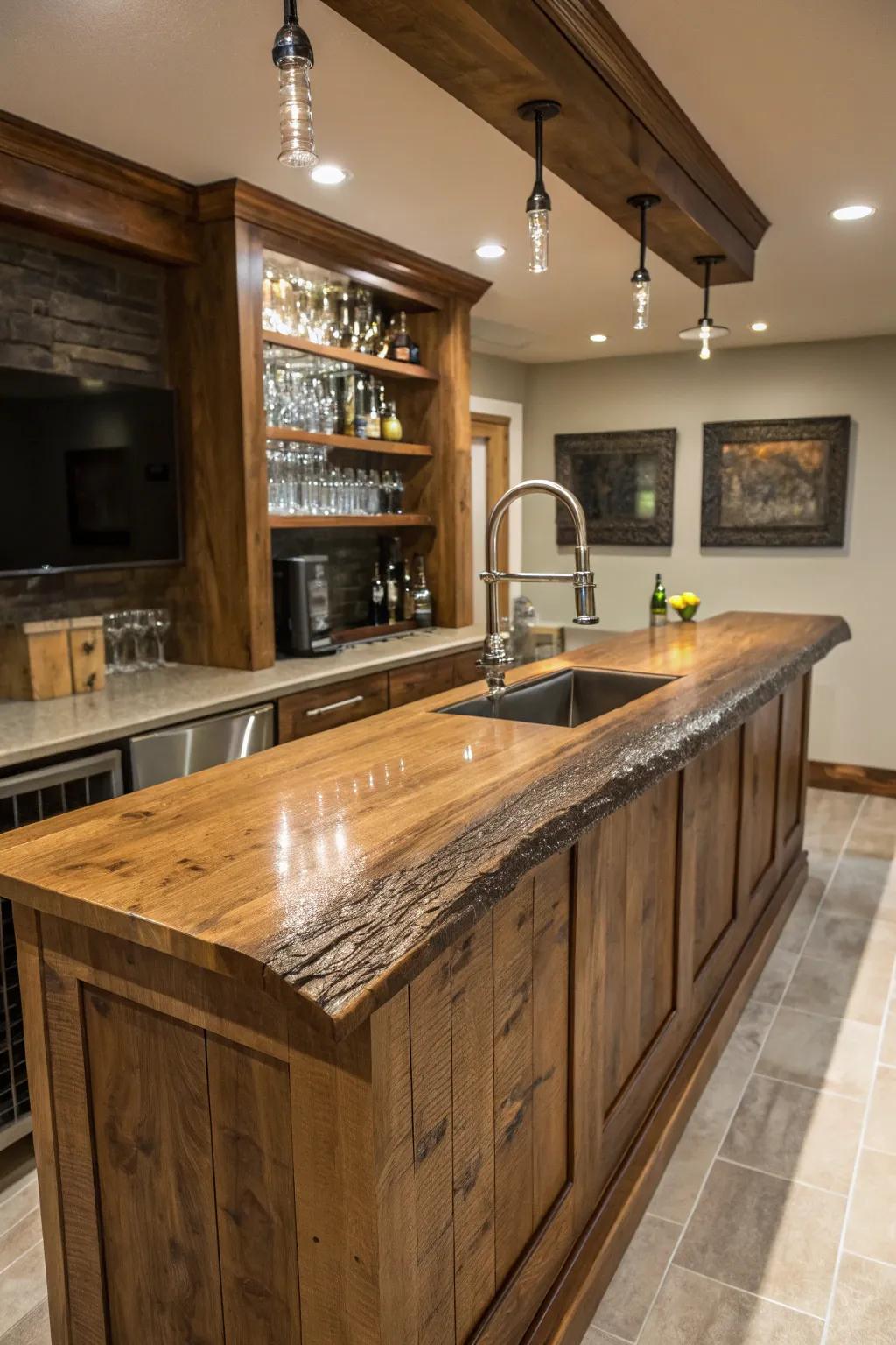 A natural verge lumber worktop is a focal position within a compact wet bar.