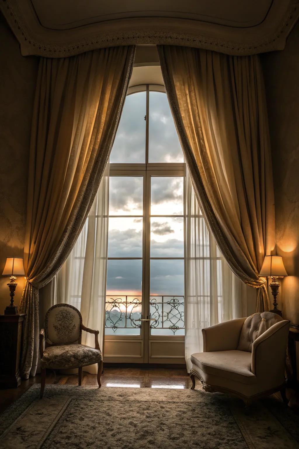 Lengthy curtains introduce a dramatic and elegant flair to small windows.