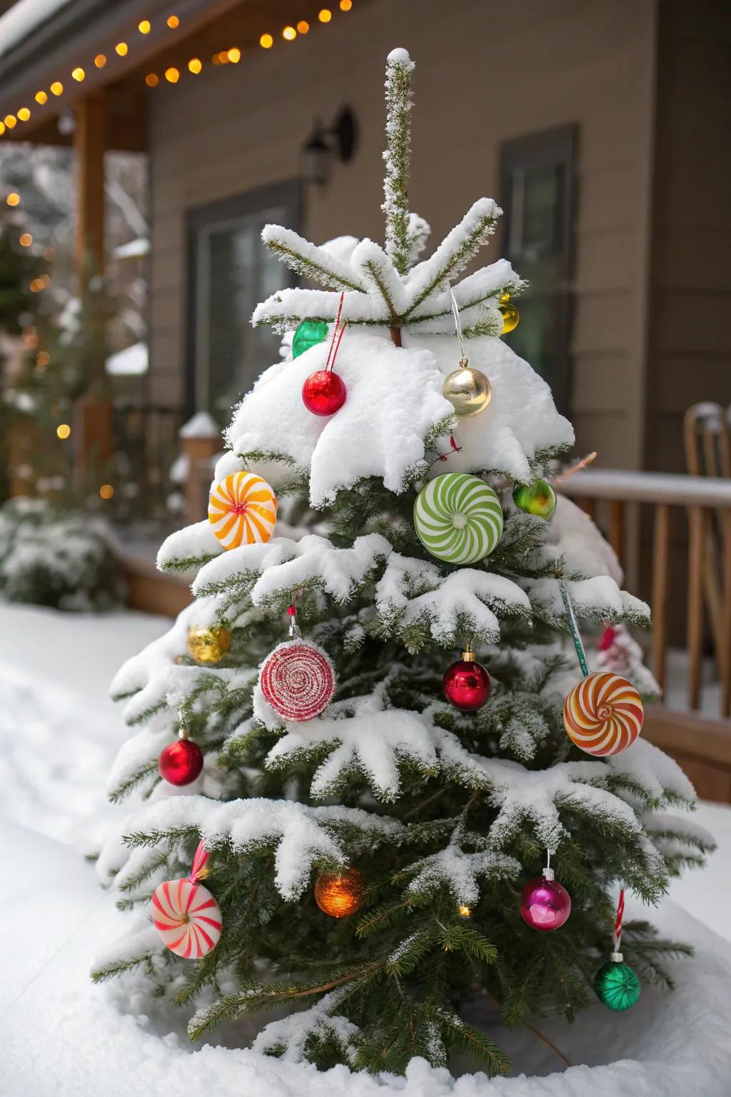 A whimsical sweet theme for a playful snowy Christmas tree.