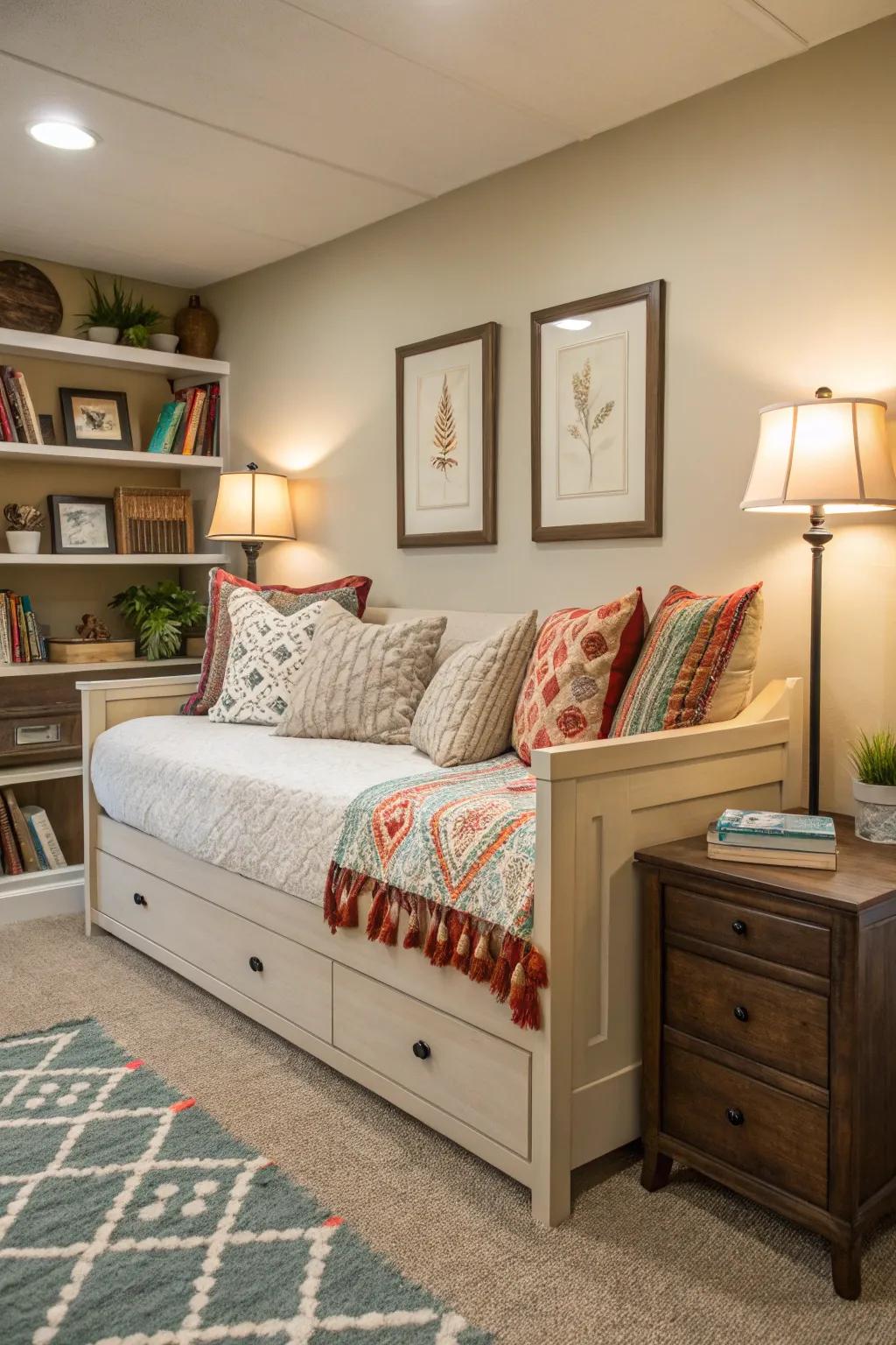 This cozy daybed blends beautifully with the decor of the living room.