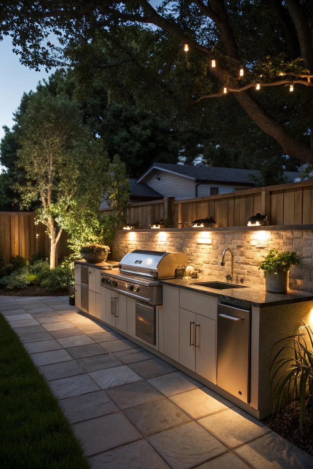 Solar under-counter lighting improves the functionality of outdoor kitchens.