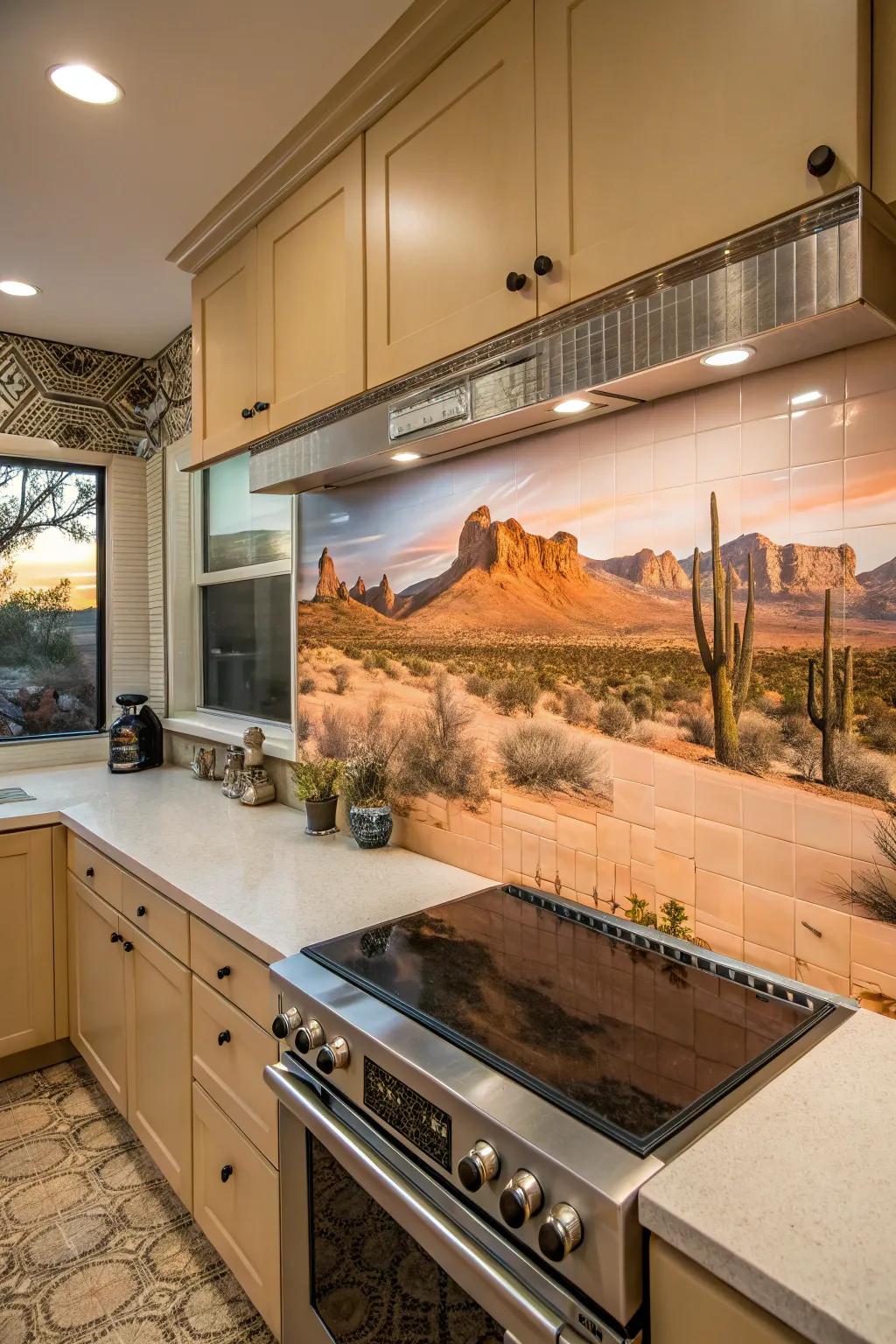 A desert landscape mural transforms your backsplash into a breathtaking focal point.