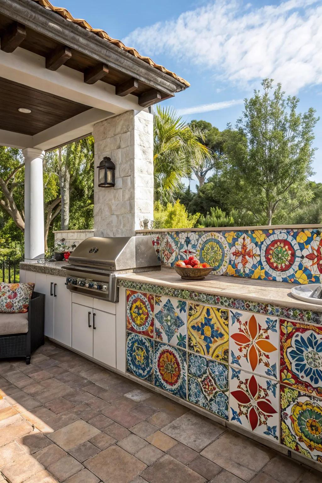 A vibrant Spanish tile backsplash serves as a stunning focal point in this open-air cooking area.