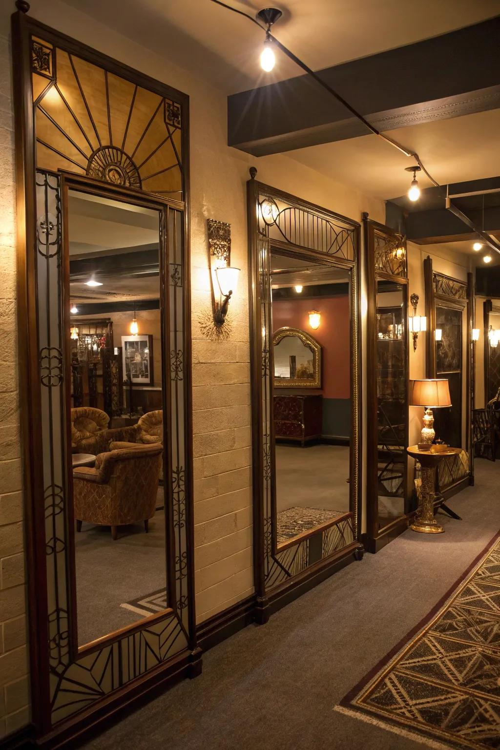 Art deco mirrors add a glamorous touch to your speakeasy.