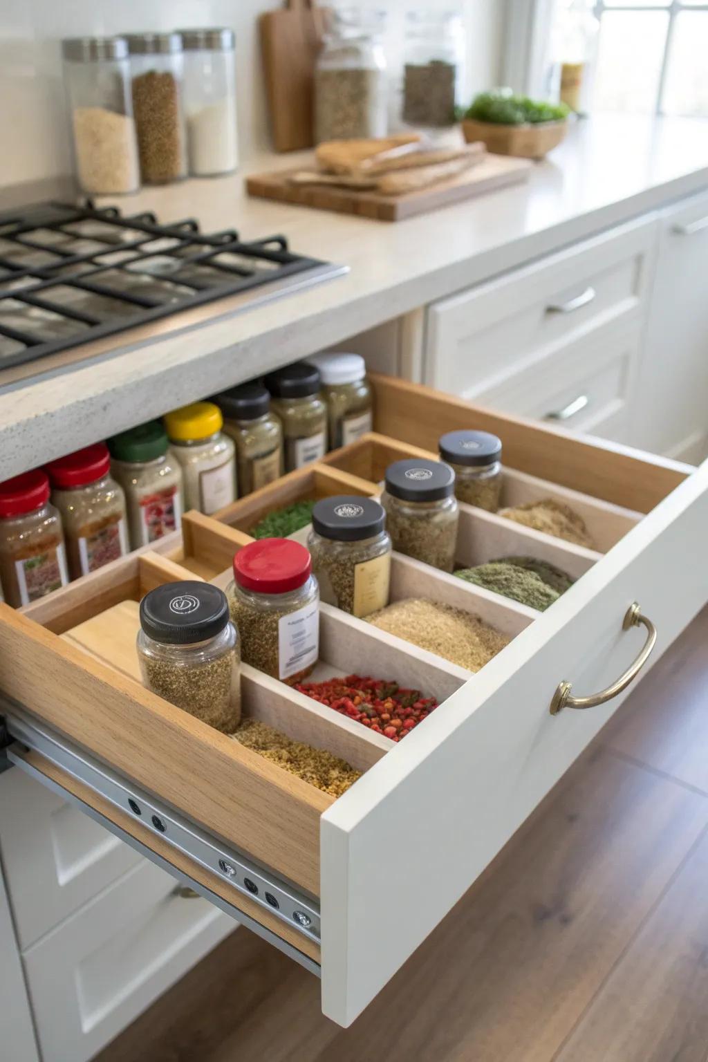 Tailored drawer sections guaranteeing outstanding spice arrangement.