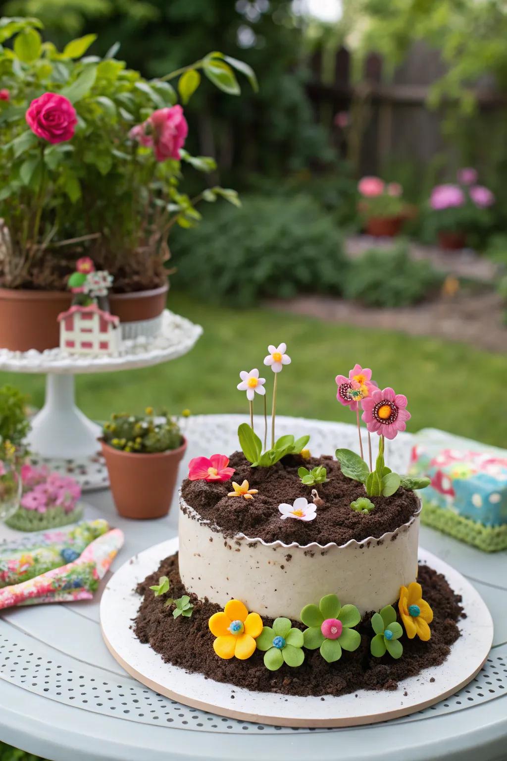 A garden-themed cake delightful to behold and devour.