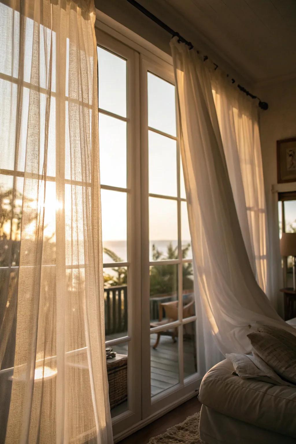 Clear drapes allow soft sunlight, creating a warm spring ambiance.