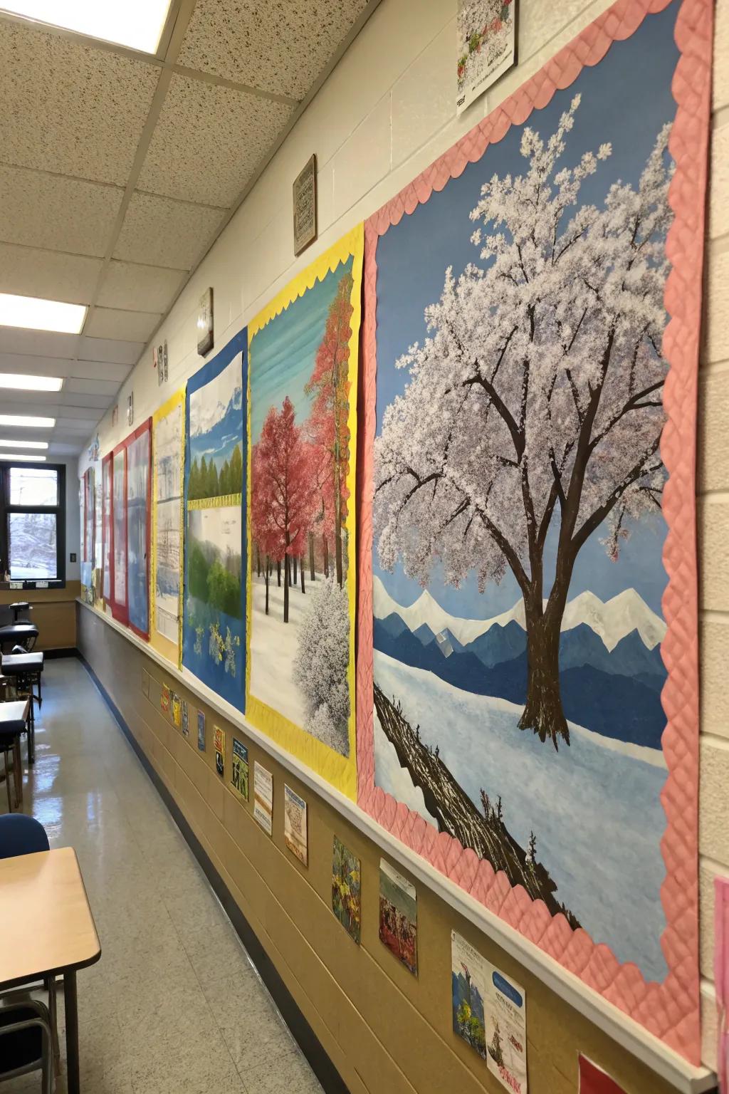 A view changes from winter to spring.