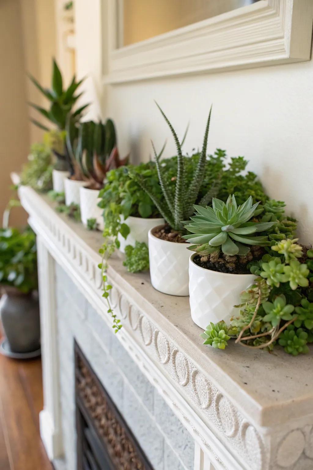 A mini garden adds a lively and green touch to your mantel.