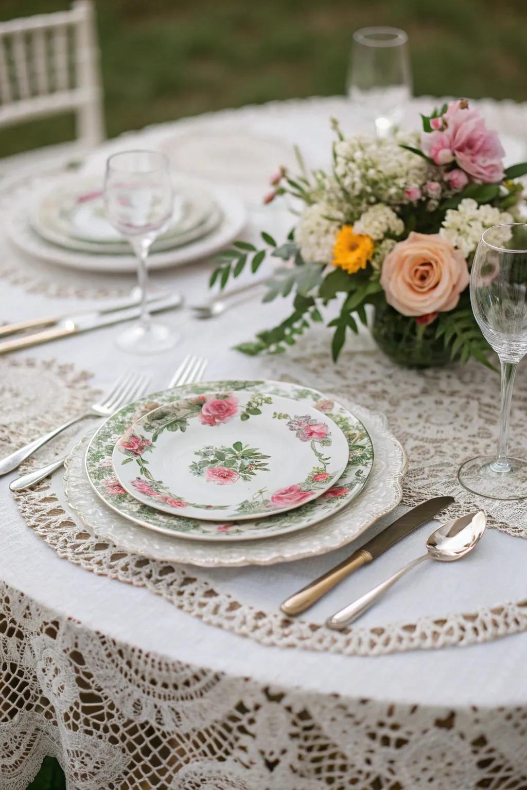 Net tablecloths add a touch of classic beauty to the table.