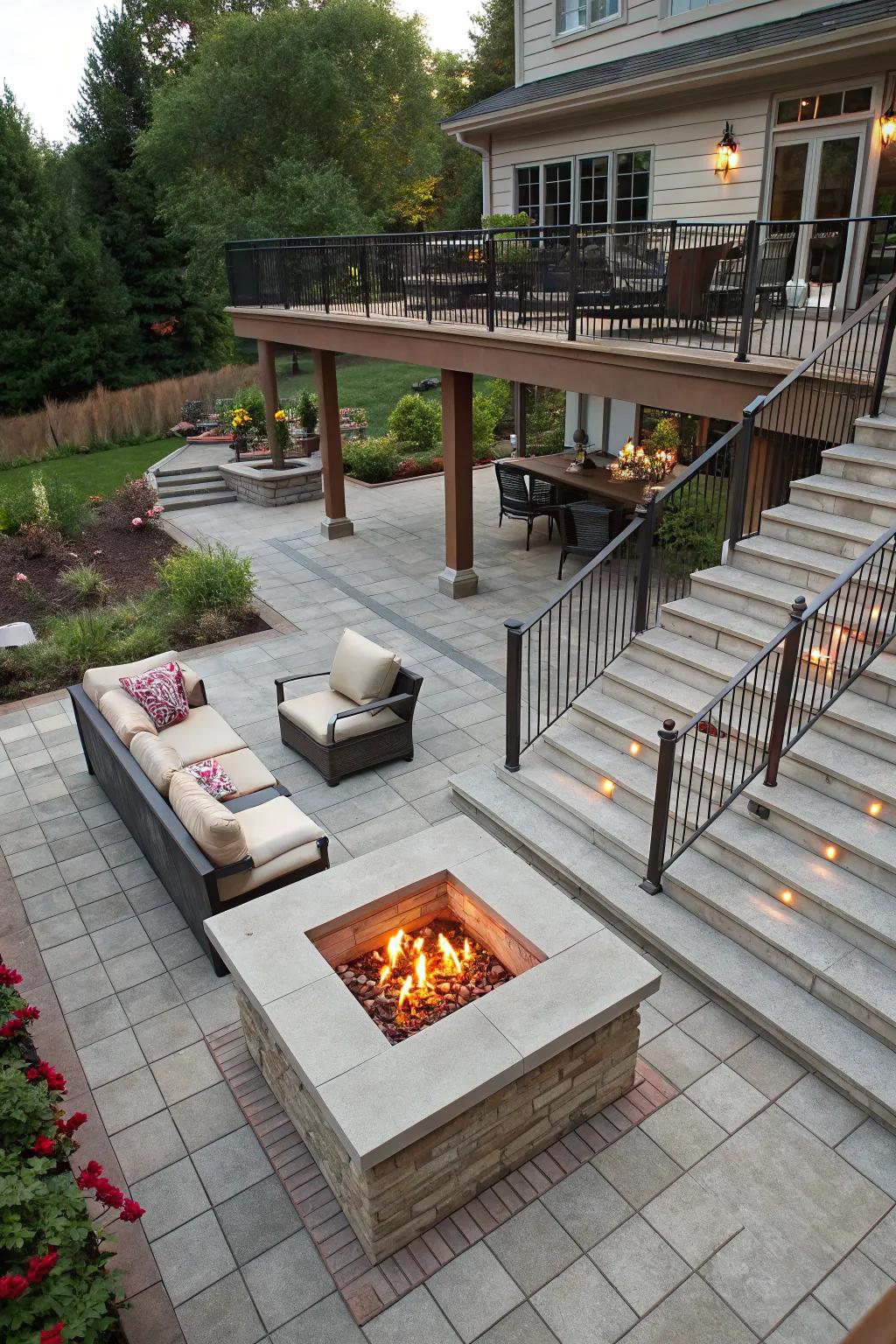 Multi-tiered designs add depth and energy to patio spaces.
